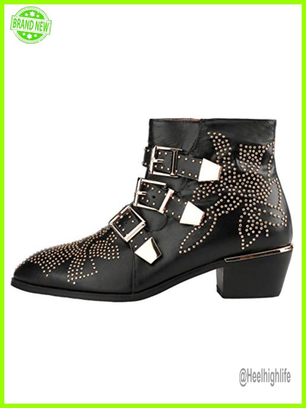 Studded Leather Ankle Boots Multiple Buckle Chunky Heel Almond Toe Zipper